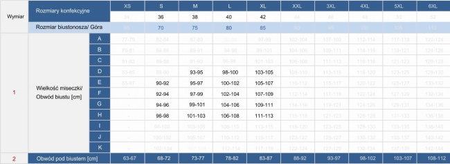 Tabela rozmiarów biustonosz kąpielowy F105/509 i figi F111/509