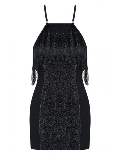 OBSESSIVE Koszulka jak sukienka i stringi 824-DRE-1 czarna , frędzle