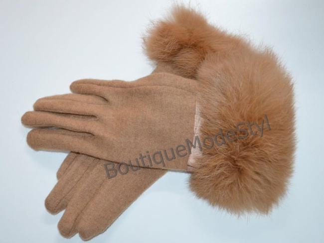 Beżowe długie rękawiczki całuski z królikiem