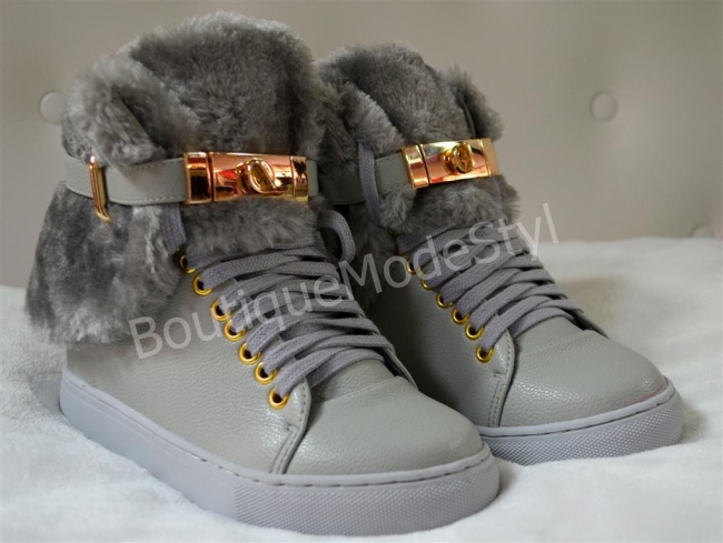 Szare sneakersy damskie ocieplane koturn złota kłódka